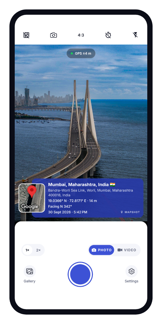 MapShot camera with a location stamp showing Mumbai, the sea link, coordinates, direction and time