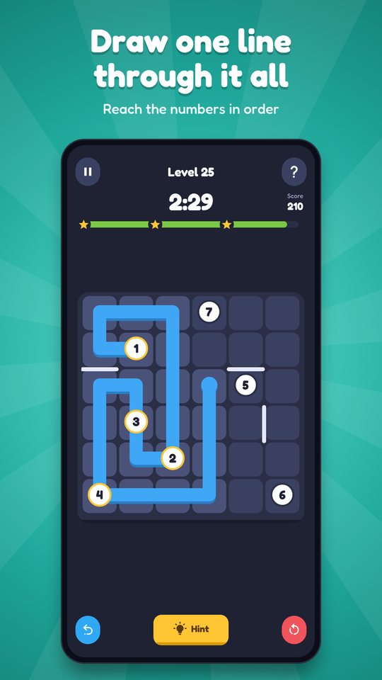 A level in play: a blue thread drawn through half of a board of numbered cells