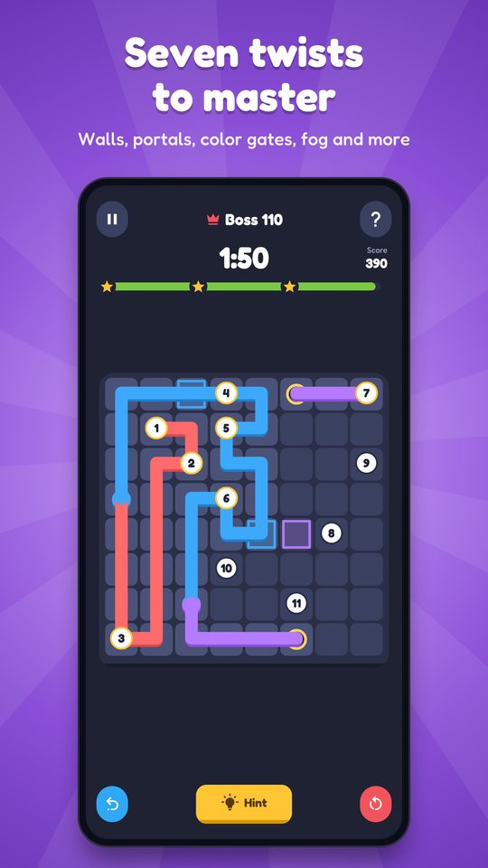 A larger board with portals and color gates, the thread changing color as it goes