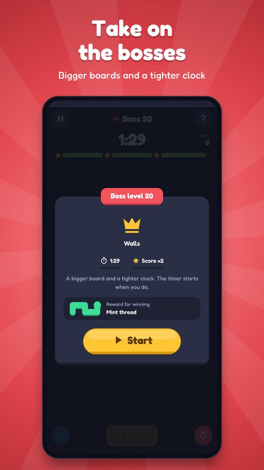 The card shown before a boss level, with its time limit and the thread it gives