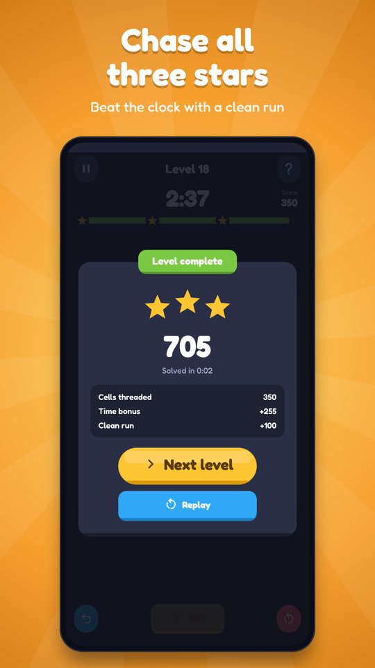 The level complete card with three stars and a score