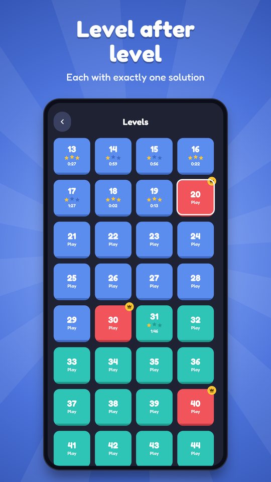 The level list, colored by the rule each stretch of levels teaches