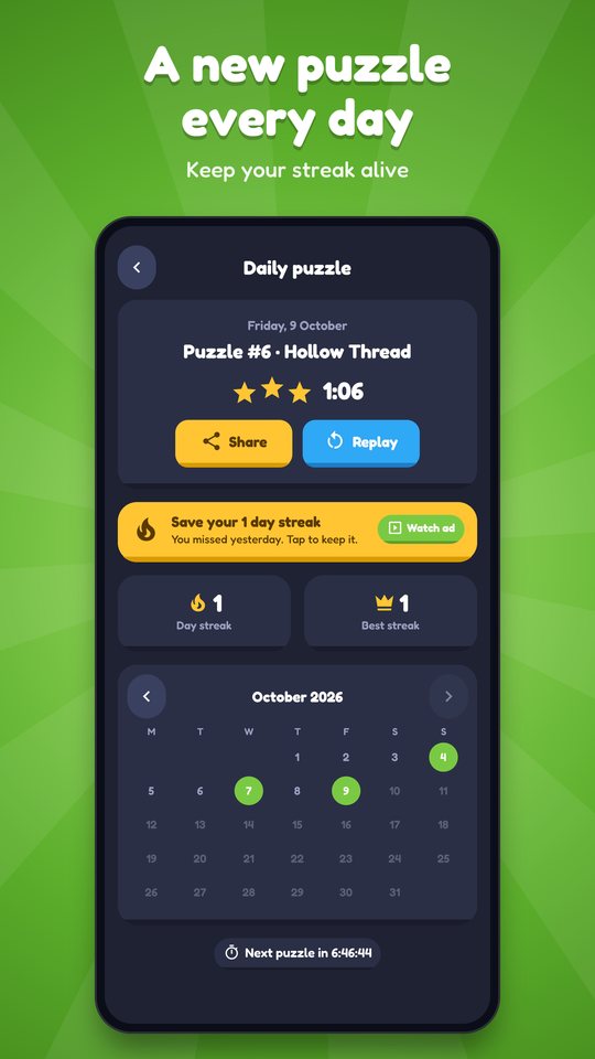 The daily puzzle screen with a streak and a calendar of solved days